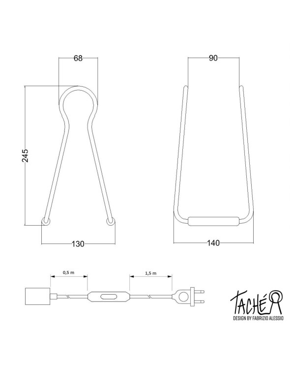 Taché Elegant, lampe de table avec câble textile, interrupteur et fiche bipolaire