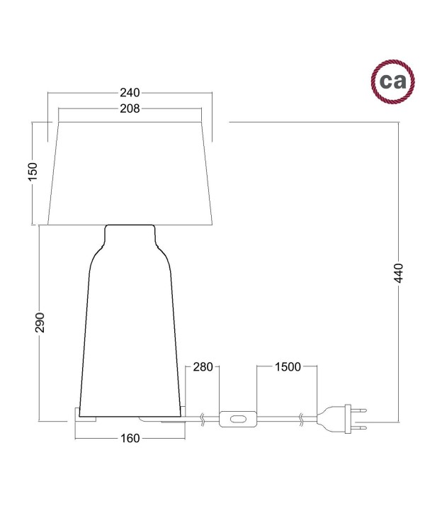Lampe de table Bottiglia en céramique avec abat-jour Athena, câble textile, interrupteur et prise bipolaire