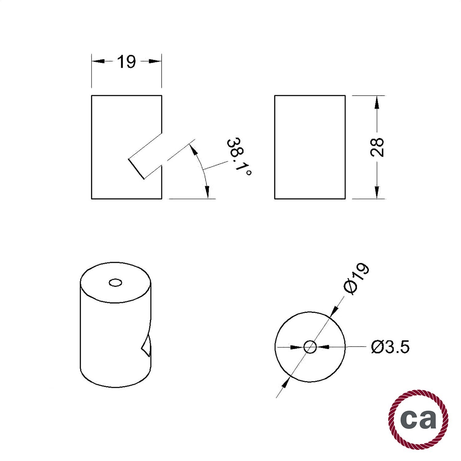 Decentralisator, "V-haak" voor wand- of muurbevestiging, voor textielen elektriciteitskabel