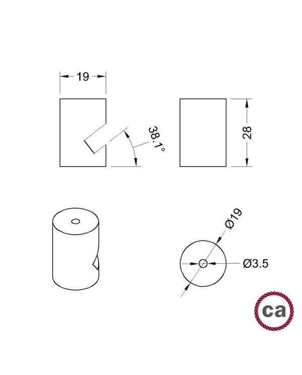 Decentralisator, "V-haak" voor wand- of muurbevestiging, voor textielen elektriciteitskabel