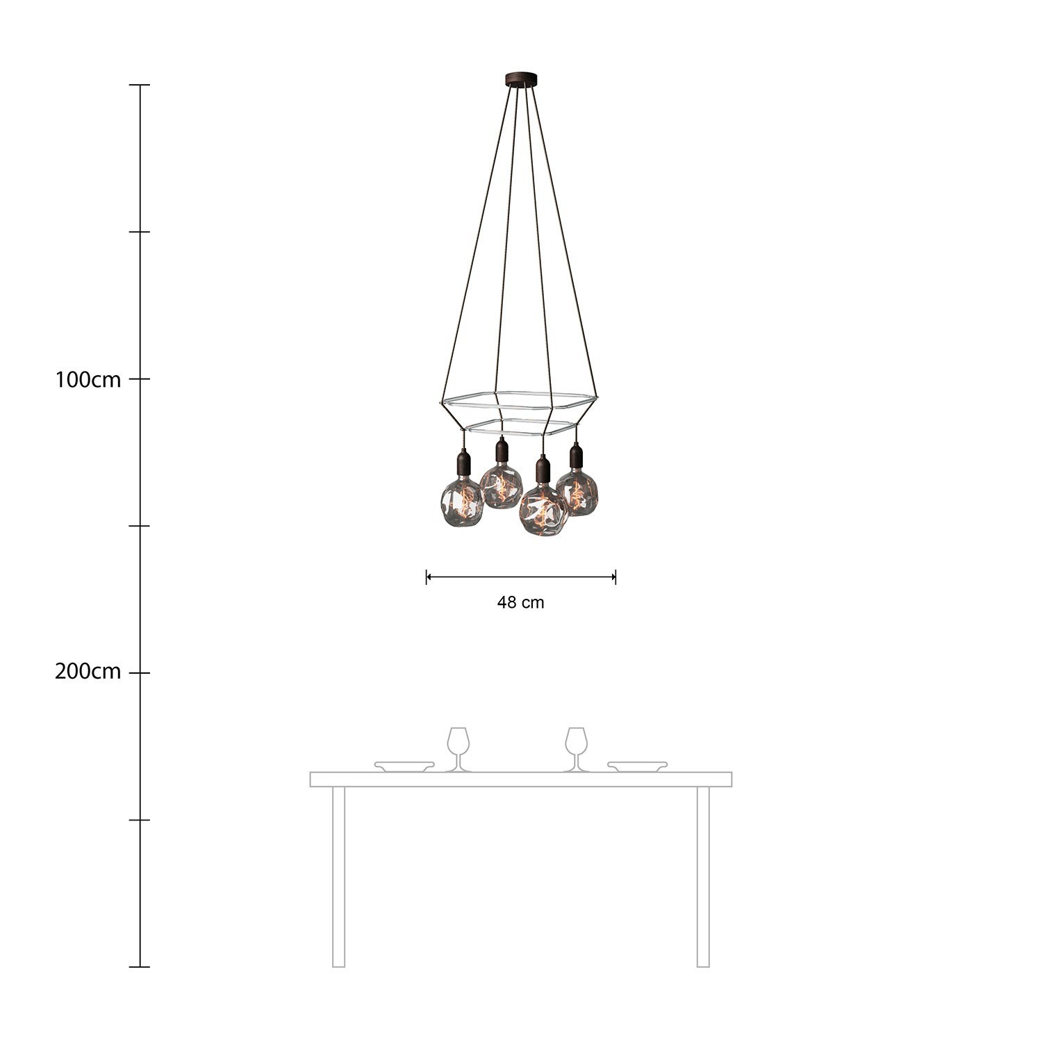 4 Pendels dubbele Cage incl. gedeukte Globe Lamp