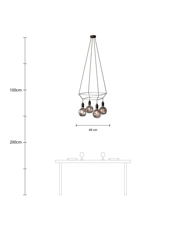 4 Pendels dubbele Cage incl. gedeukte Globe Lamp