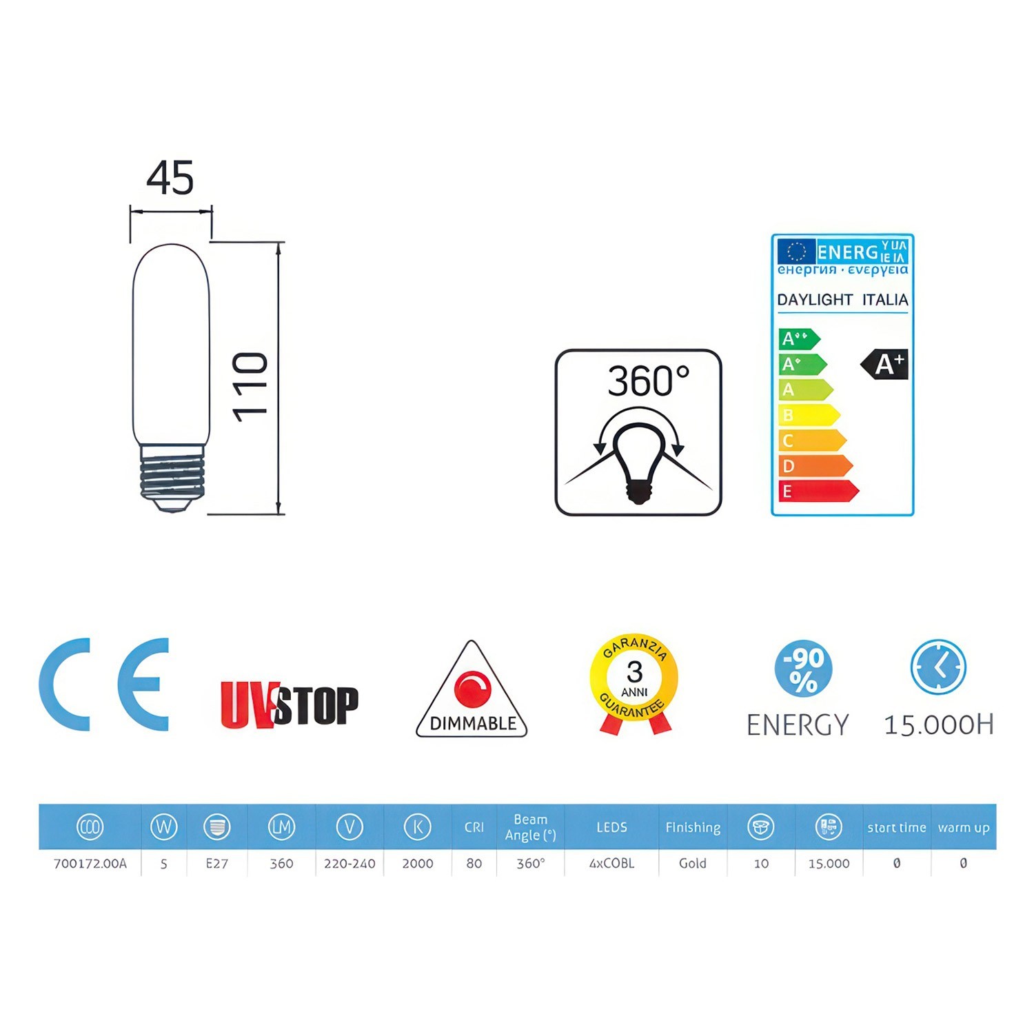 Ampoule Dorée Valve LED T45 5W 360Lm E27 2000K Dimmable