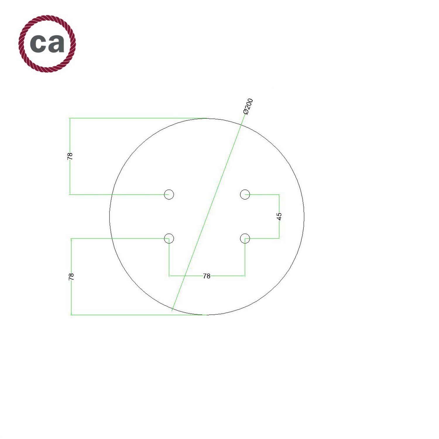 Rose-One compleet rond plafondkap-kit 200 mm. met 4 gaten en 4 zijgaten