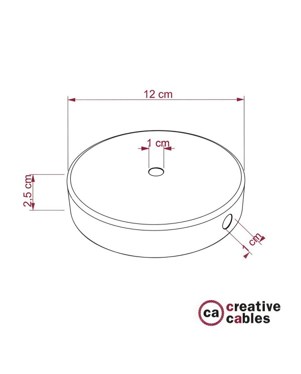 Strak design 120 mm. cilindrische metalen plafondkap met 1 centraal gat en 2 zijgaten en toebehoren