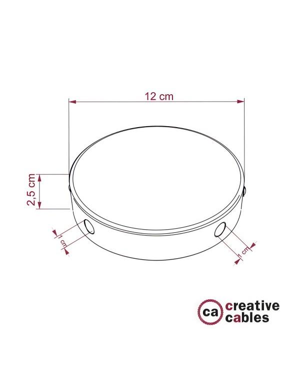 Strak design 120 mm. cilindrische metalen plafondkap met 4 zijgaten (verdeeldoos)