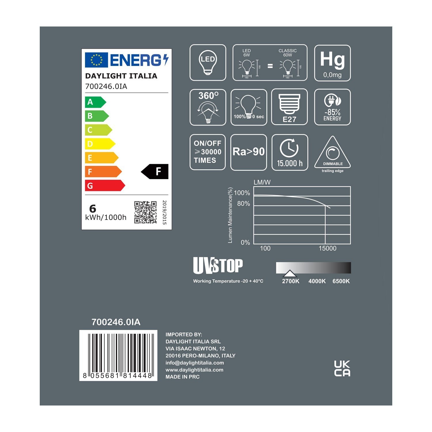 LED lichtbron Delo met porselein effect 6W E27 dimbaar 2700K