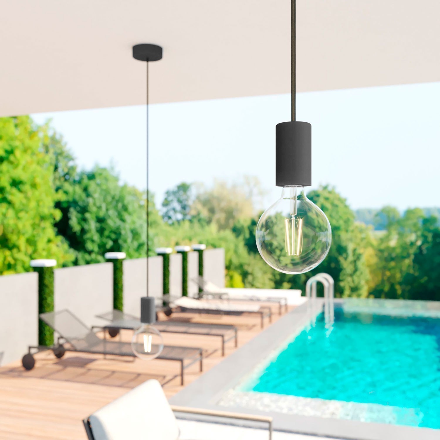 EIVA ELEGANT Suspension d'extérieur avec 1,5m câble textile, rosace et douille en silicone étanche IP65