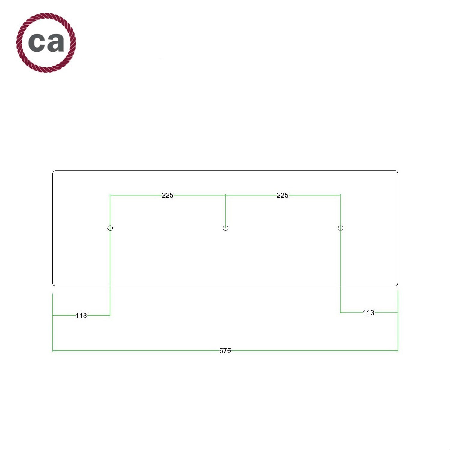 XXL rechthoekige 3-gats Rose-One plafondkap-kit, afmetingen 675 x 225 mm