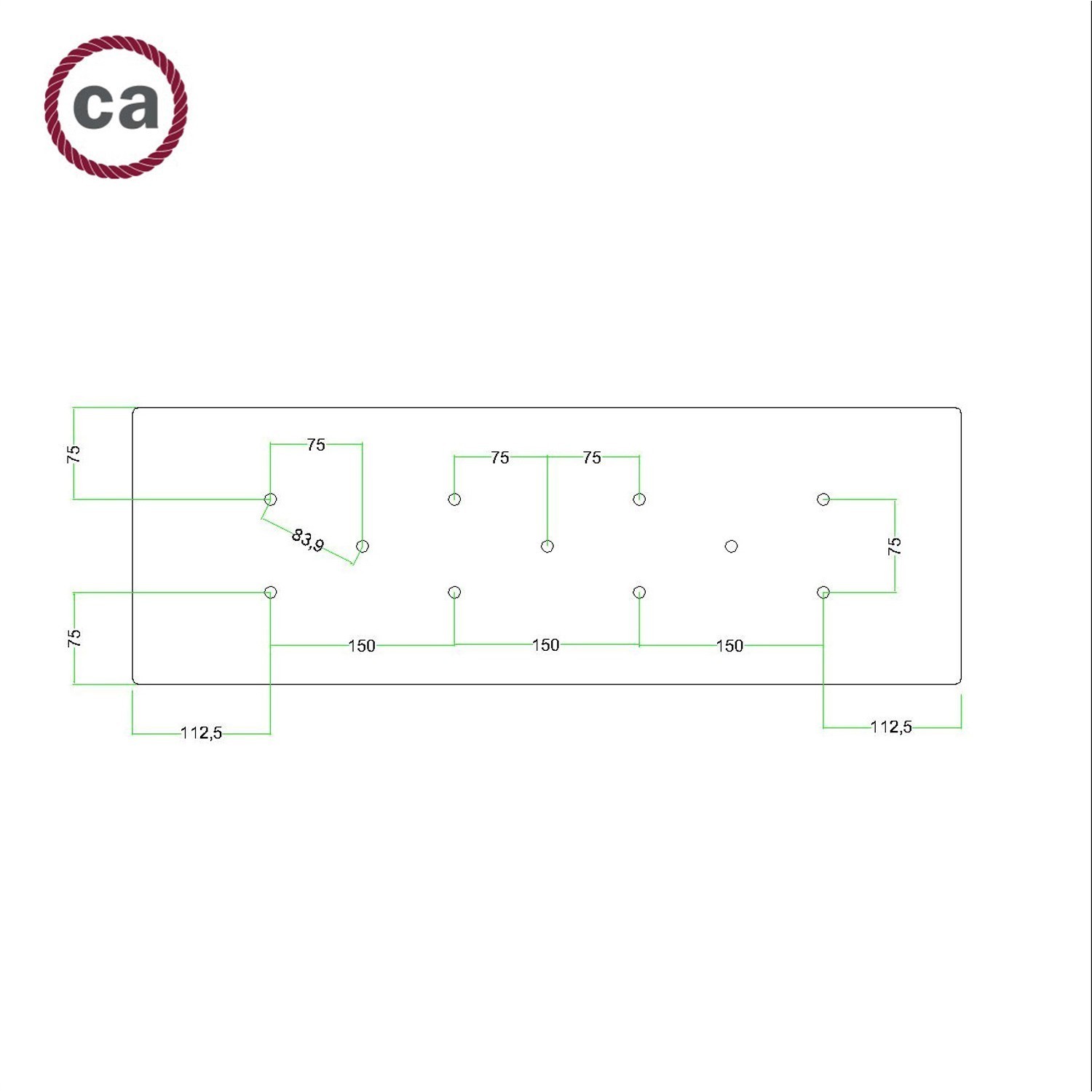 XXL rechthoekige 11-gats Rose-One plafondkap-kit, afmetingen 675 x 225 mm