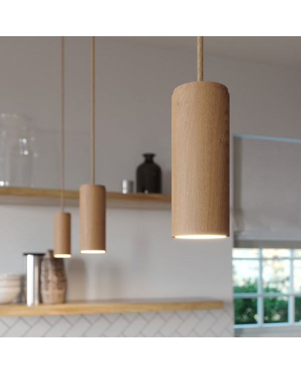 Hanglamp compleet met strijkijzersnoer en Tub-E14 houten kap