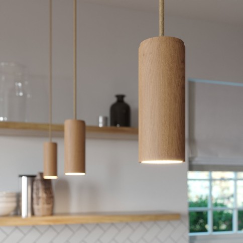 Lampe à suspension Made in Italy avec câble textile et abat-jour Tub-E14 en bois