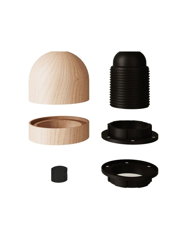 Kit douille E27 filetée semi-sphérique en bois avec serre-câble dissimulé et couvre anneau pour abat-jour