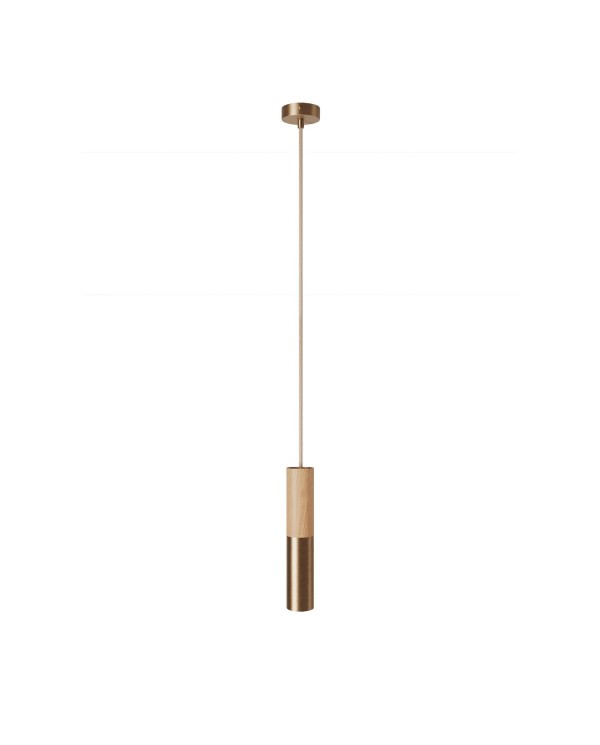 Lampe à suspension Made in Italy avec câble textile et double abat-jour Tub-E14 en bois et métal