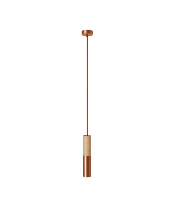 Lampe à suspension Made in Italy avec câble textile et double abat-jour Tub-E14 en bois et métal