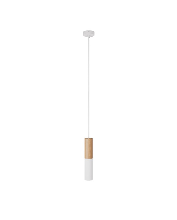 Hanglamp compleet met textielkabel en dubbele Tub-E14 houten en metalen afwerking - Made in Italy