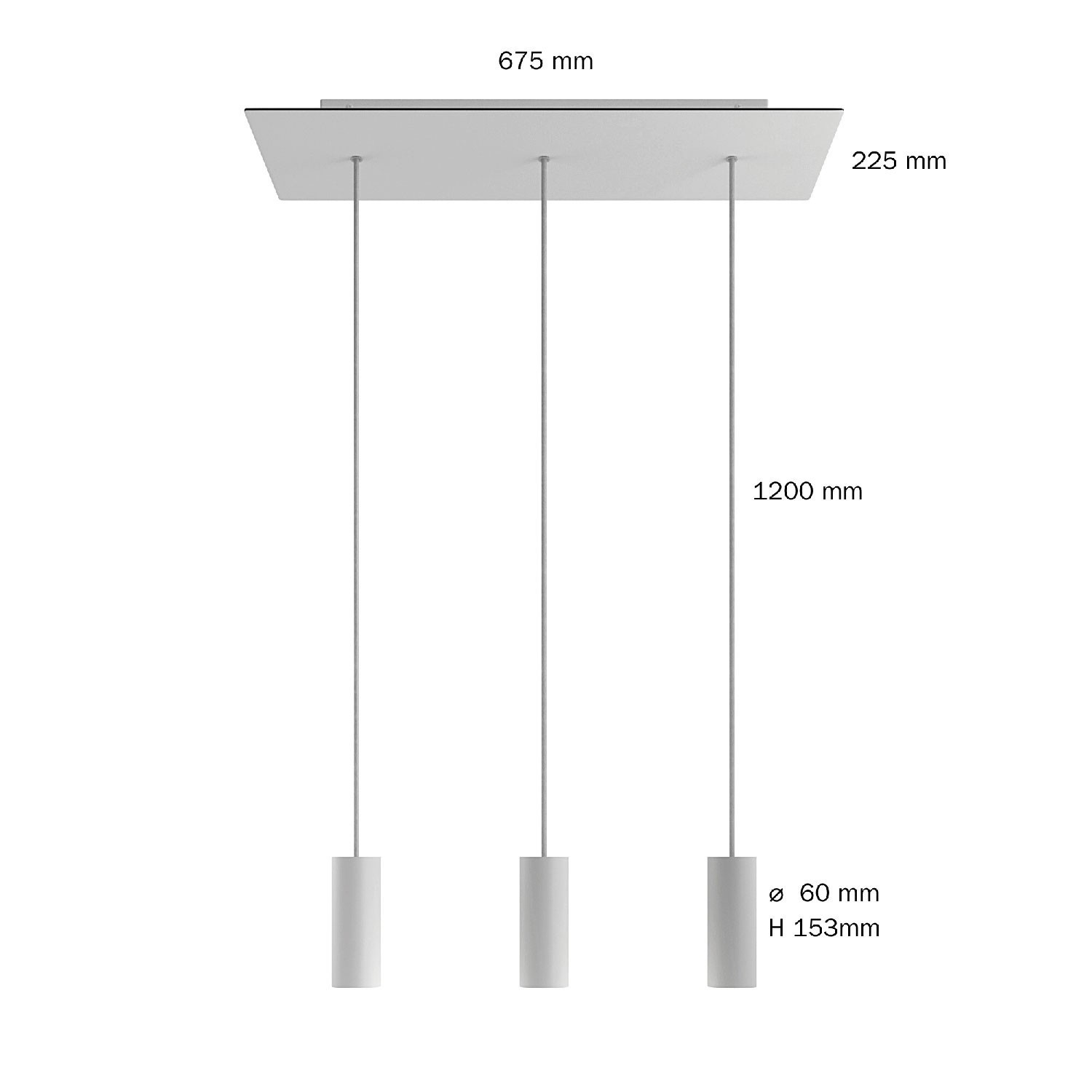 Suspension à 3 bras avec XXL Rose-One rectangulaire 675 mm complète avec câble textile et abat-jour en métal Tub-E14