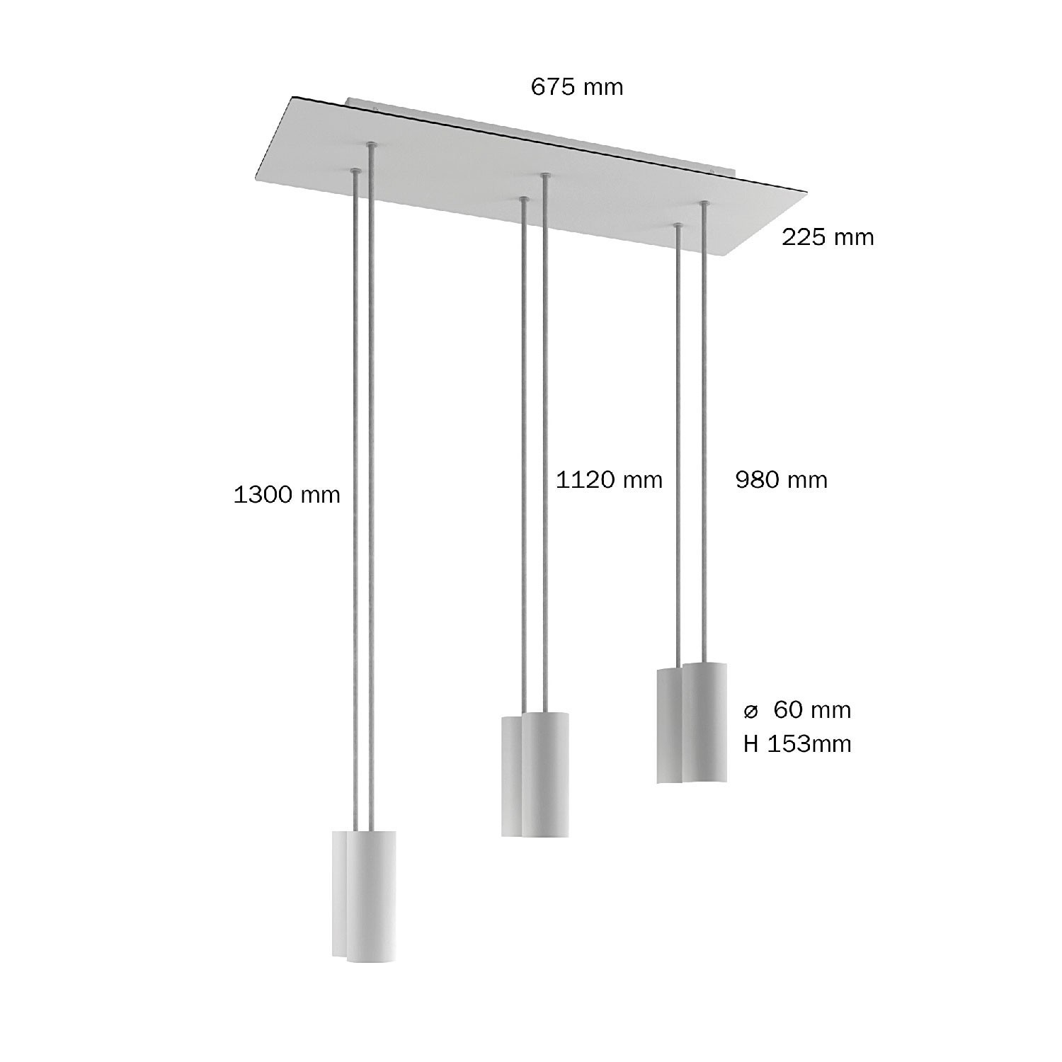 Suspension à 6 bras avec XXL Rose-One rectangulaire 675 mm complète avec câble textile et abat-jour en métal Tub-E14