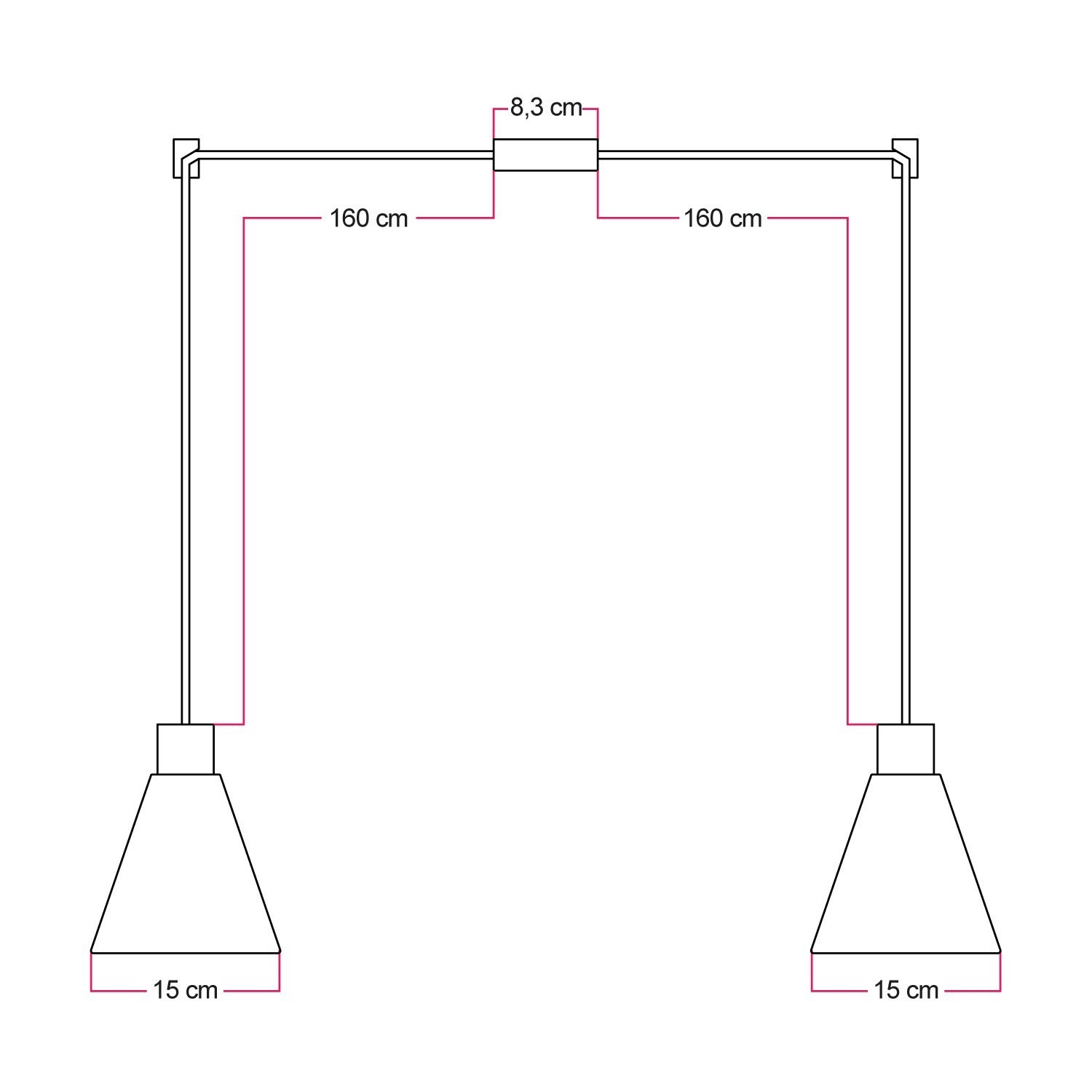 Lampe à suspension multiple à 2 bras avec abat-jours coniques en bois