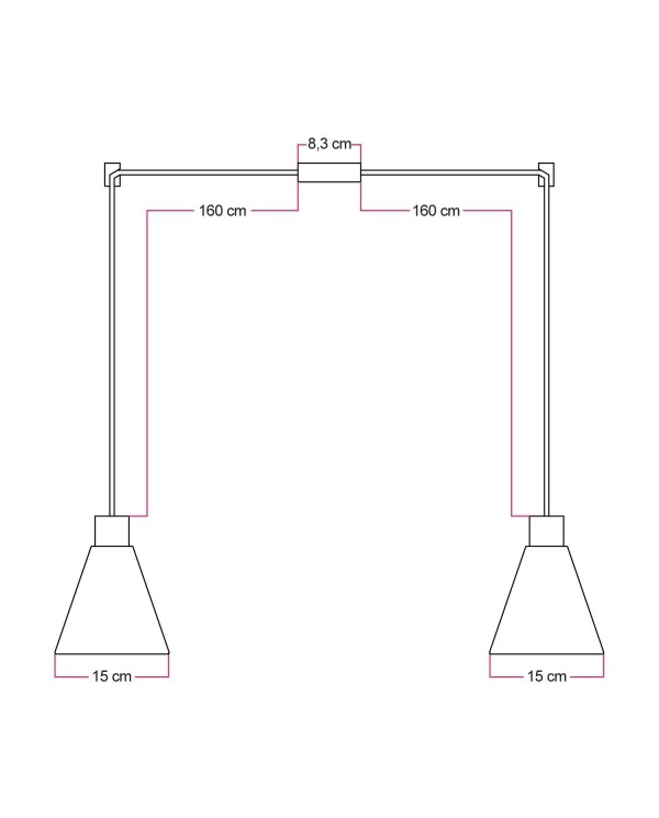 Lampe à suspension multiple à 2 bras avec abat-jours coniques en bois