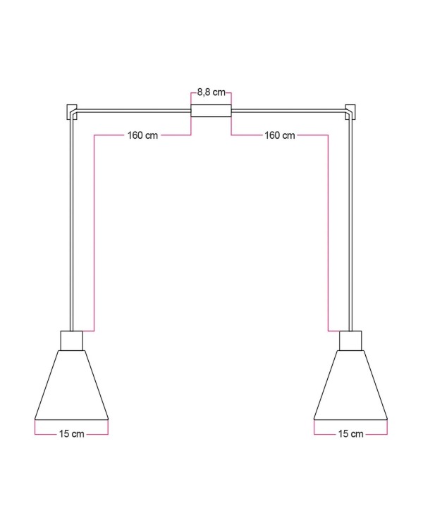 Lampe à suspension multiple à 2 bras avec abat-jours coniques en bois