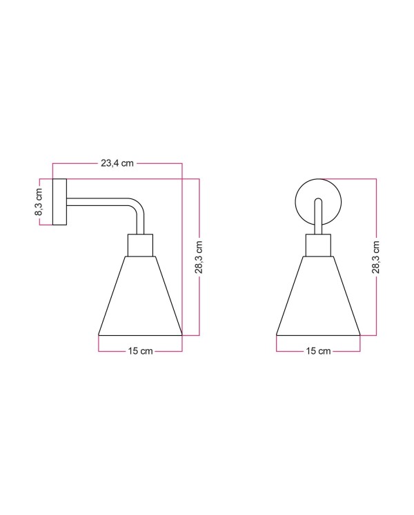 Fermaluce lamp met kegelvormige houten lampenkap en gebogen verlengstuk