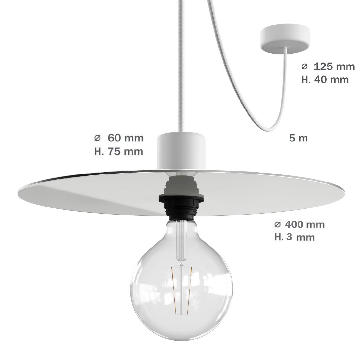 EIVA ELEGANT Lampe à suspension avec 5 m câble textile, abat-jour Ellepì, rosace et douille en silicone IP65 étanche