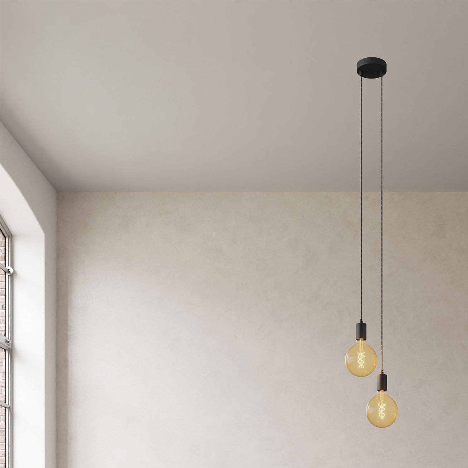 Lampe suspension multiple 2 bras avec câble textile et finitions en métal