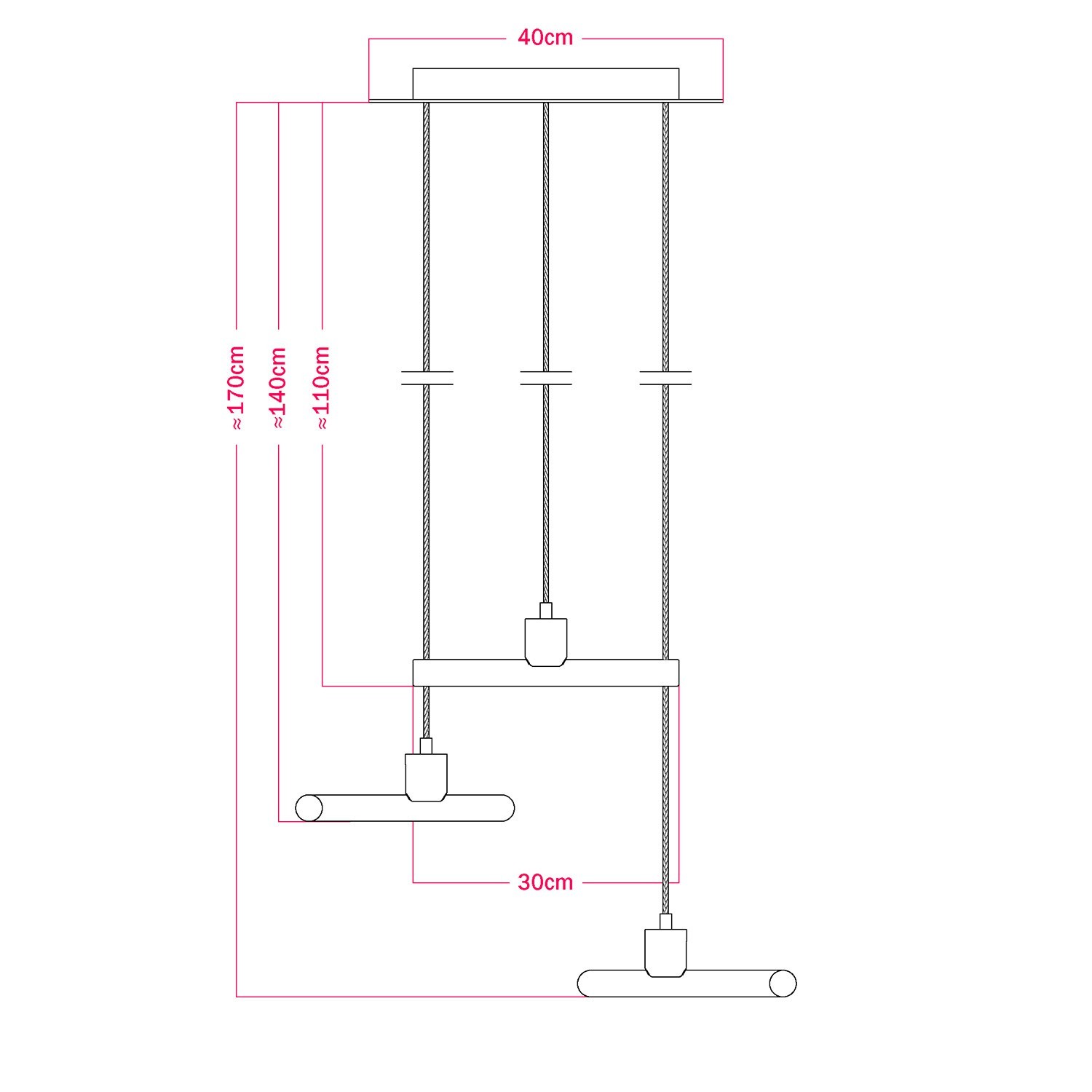 Esse14 hanglamp met 3 asymetrische hangen, komt met Rose-One compleet met textielkabels en metalen afwerkingen