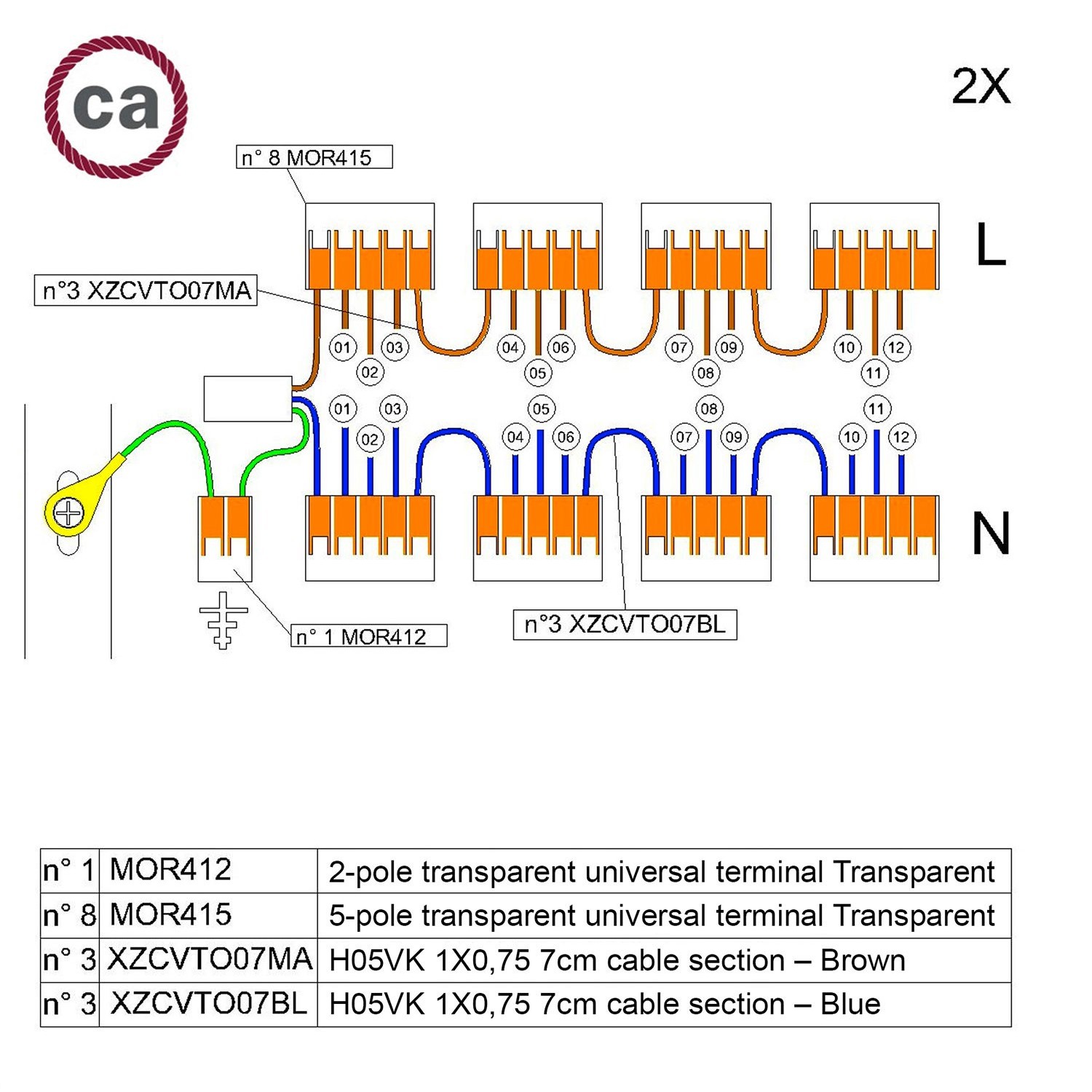 Kit de connexion WAGO compatible avec câble 2x pour Rosace à 12 trous