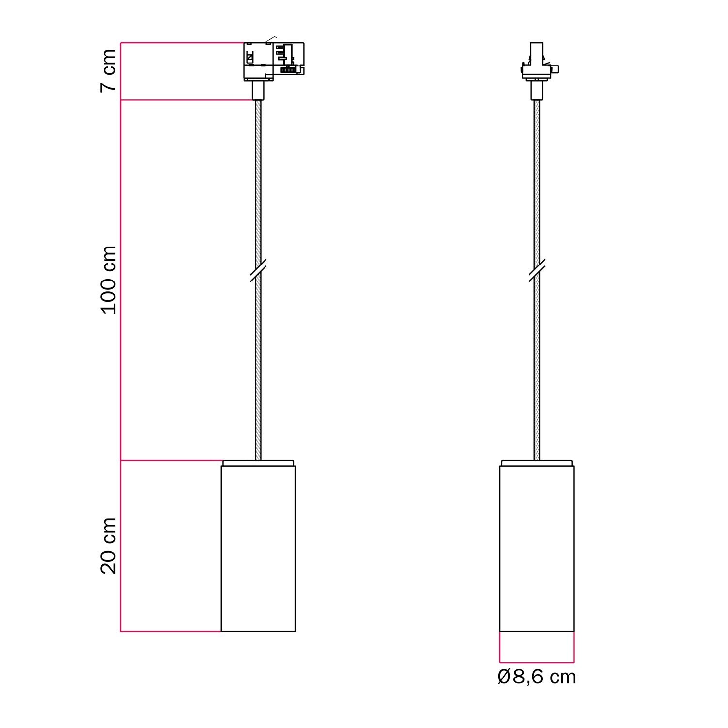 Suspension pour rail avec câble textile et Tub-E27