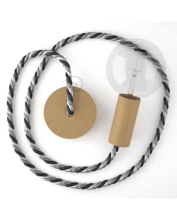 Lampe suspension corde XL en tissu Orleans lucide 16 mm, accessoires en bois naturel, Made in Italy