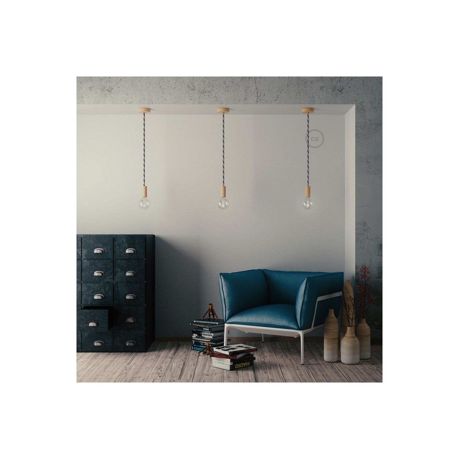 Lampe suspension corde XL en tissu Orleans lucide 16 mm, accessoires en bois naturel, Made in Italy