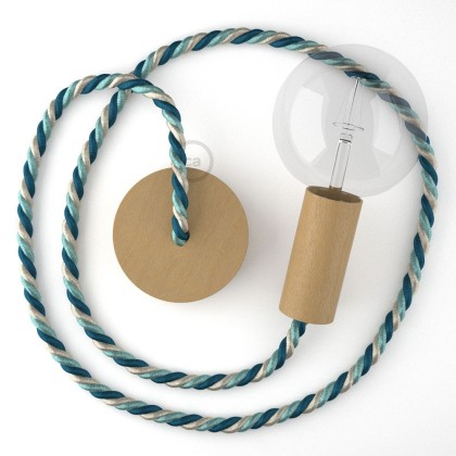 Lampe suspension corde XL en tissu Bernadotte lucide 16 mm, accessoires en bois naturel, Made in Italy