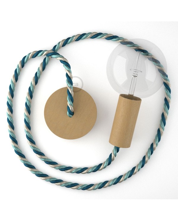 Lampe suspension corde XL en tissu Bernadotte lucide 16 mm, accessoires en bois naturel, Made in Italy